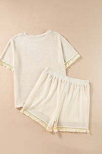 Beige Fringe Trim Textured Short Two Piece Set