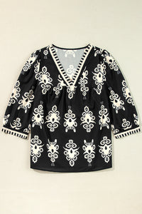 Black Vintage Geometric Printed 3/4 Sleeve V Neck Blouse