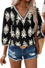 Black Vintage Geometric Printed 3/4 Sleeve V Neck Blouse