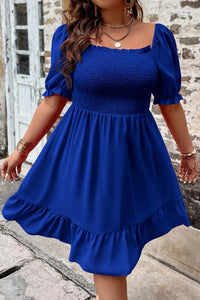 Dark Blue Shirred Ruffled Square Neck Plus Size Mini Dress