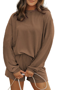 Chestnut Corded Knit Long Sleeve Top and High Waist Shorts Set