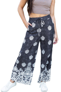 Black Bohemian Printed Drawstring Waist Wide Leg Pants