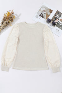 Beige Sunflower Mesh Bubble Sleeve Waffle Knit Top