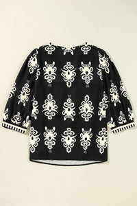 Black Vintage Geometric Printed 3/4 Sleeve V Neck Blouse