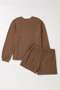 Chestnut Corded Knit Long Sleeve Top and High Waist Shorts Set