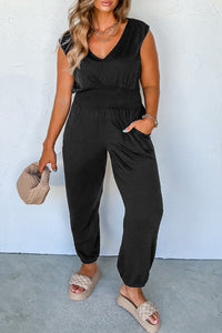 Black Plus Smocked High Waist Sleeveless V Neck Jumpsuit