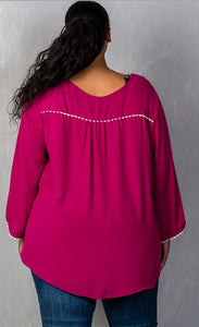 Magenta Long Sleeve Crepe Plus Size Blouse